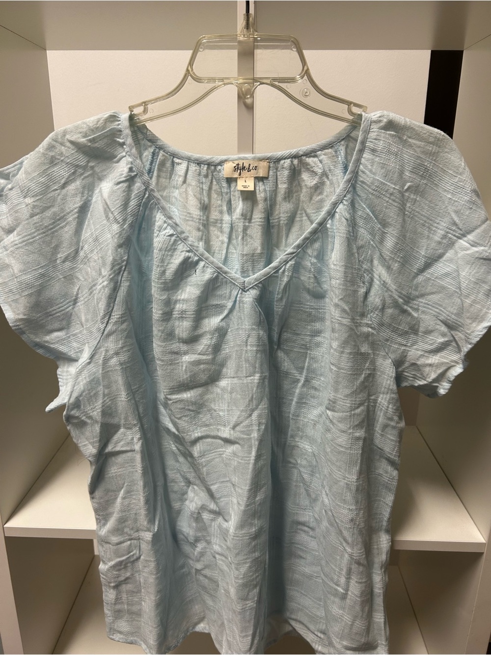 Style & Co. Light Blue V-Neck Short Sleeve Blouse